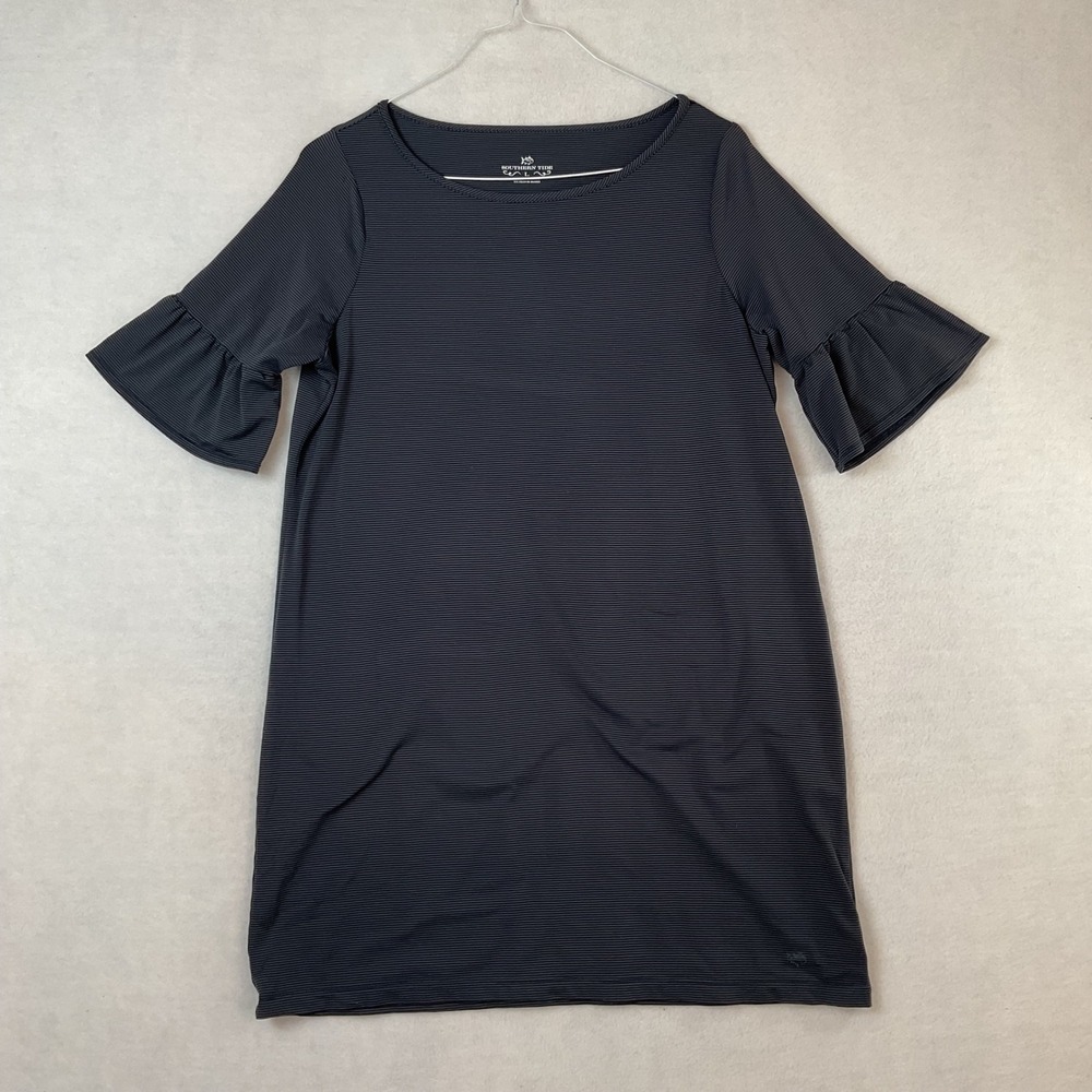 Southern Tide Womens Large Black Gray Striped Bell Sleeve Boat Neck Shift Dress